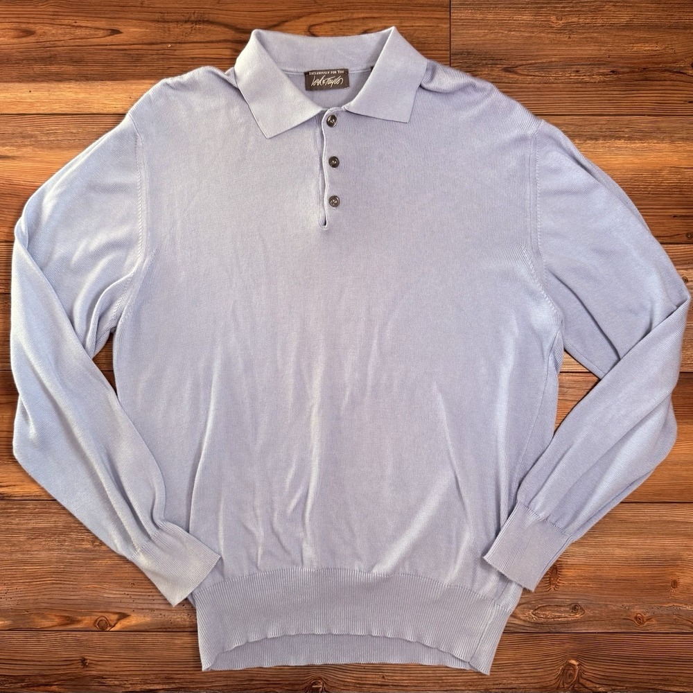 Lord & Taylor Mens Medium Blue Sweater Polo Long Sleeve Cotton Rayon Knit